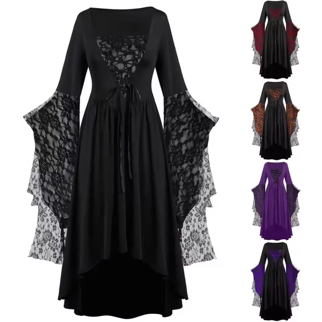 Gothic Heksenjurk Lange Mouw Vintage Zwart Paars Kostuumjurk Halloween Feest Fantasy Carnaval Verkleedkleding | Sansoti