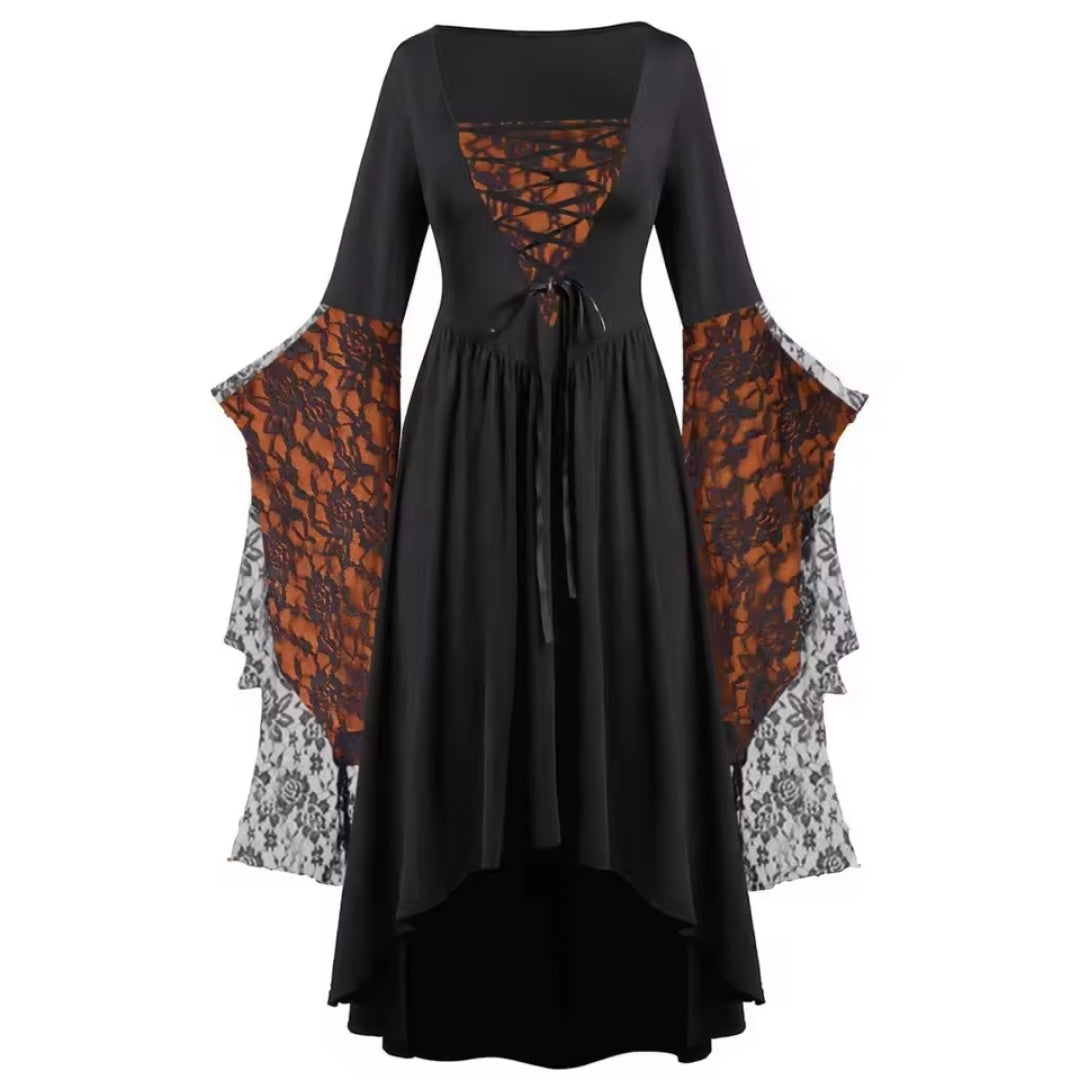 Gothic Heksenjurk Lange Mouw Vintage Zwart Paars Kostuumjurk Halloween Feest Fantasy Carnaval Verkleedkleding | Sansoti