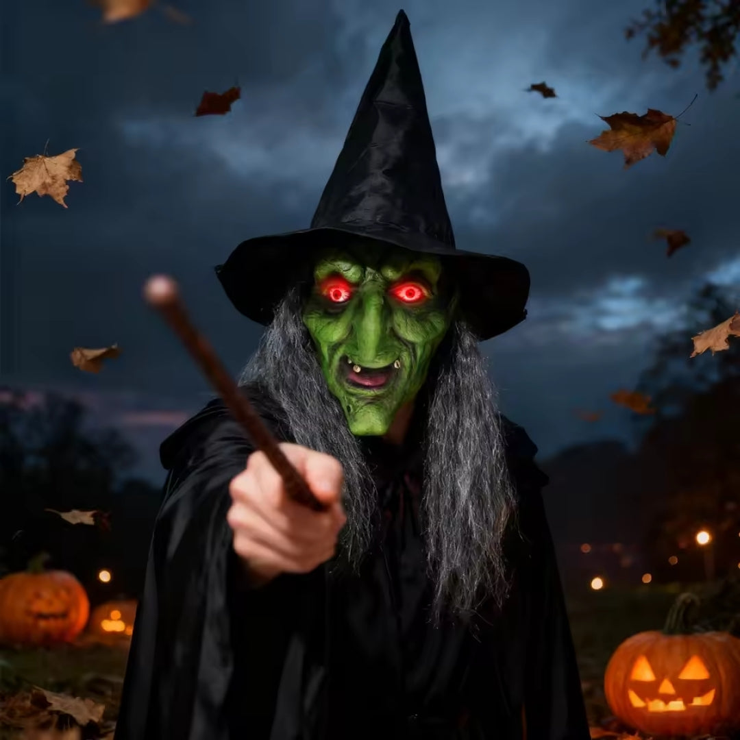 Halloween Witch Mask for Adults with Glowing Eyes Green Black Complete Set Including Hair and Hat | Sansoti