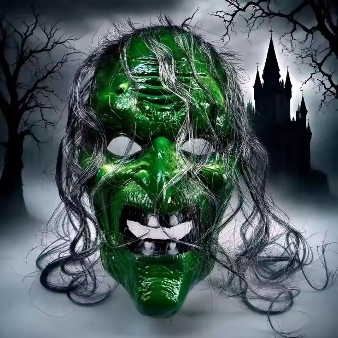 Hexenmaske für Halloween, grün-rot, Horror-Kostümmaske für Partys, mysteriöses Zauberinnen-Gesicht für Verkleidungen | Sansoti