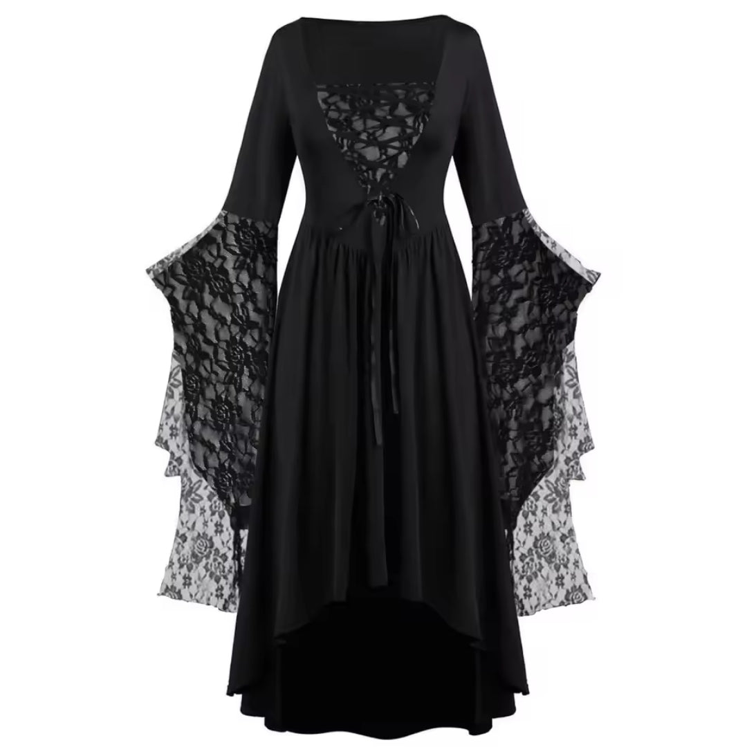Gothic Heksenjurk Lange Mouw Vintage Zwart Paars Kostuumjurk Halloween Feest Fantasy Carnaval Verkleedkleding | Sansoti