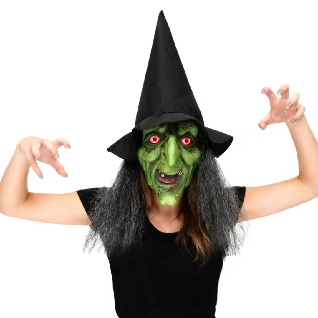 Halloween Witch Mask for Adults with Glowing Eyes Green Black Complete Set Including Hair and Hat | Sansoti
