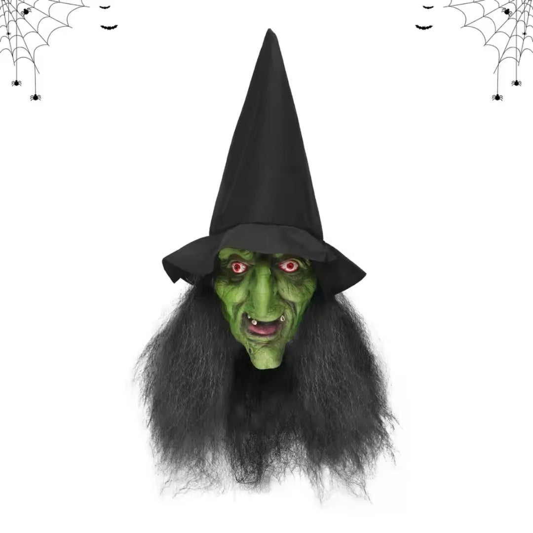 Halloween Witch Mask for Adults with Glowing Eyes Green Black Complete Set Including Hair and Hat | Sansoti