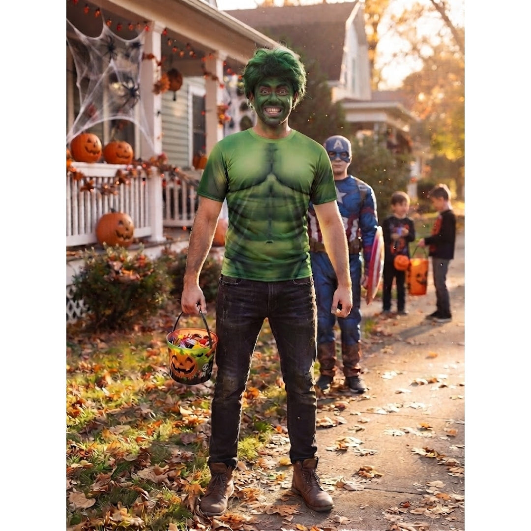 Superhelden T-Shirt met Spierprint voor Heren – Groen Feestkostuum voor Carnaval Halloween en Themafeesten | Sansoti