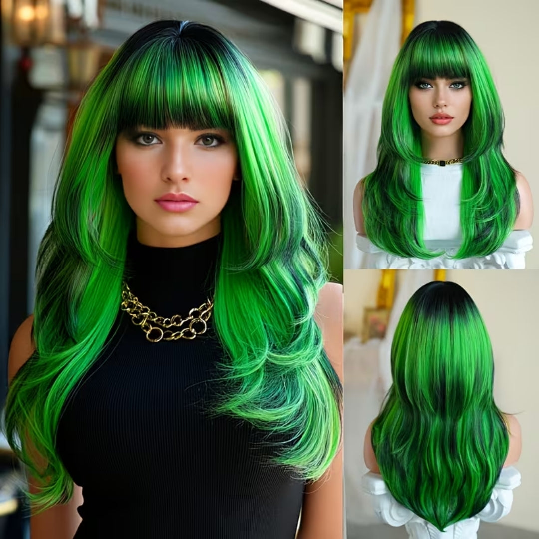 Lange Golvende Pruik met Pony Groen Synthetisch Haar voor Cosplay Verkleedfeest Halloween Carnaval Party | Sansoti
