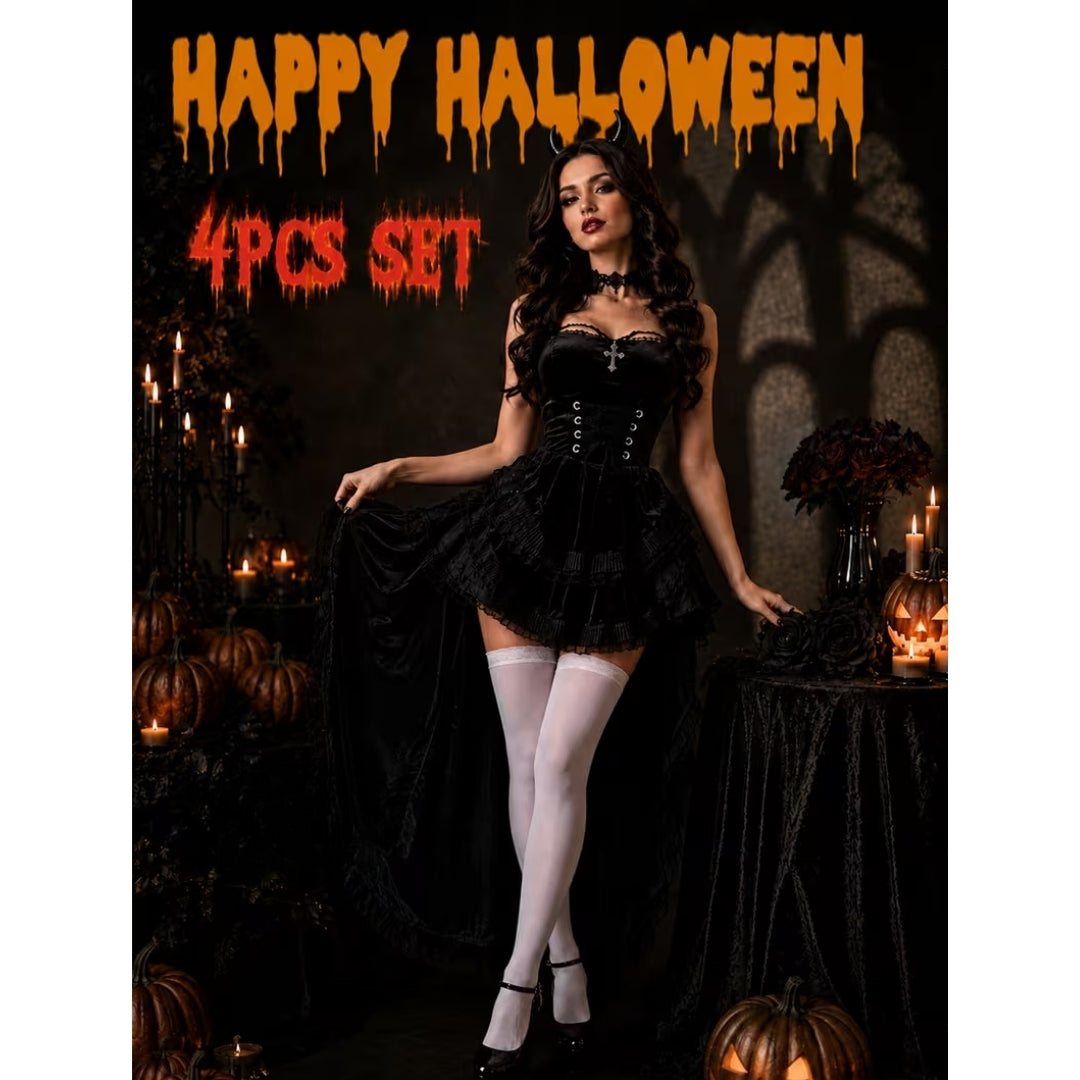 Gothic Duivelkostuum Dames Bordeauxrood Zwart Kant Gelaagd Halloween Carnaval Cosplay Feest Verkleedkleding | Sansoti