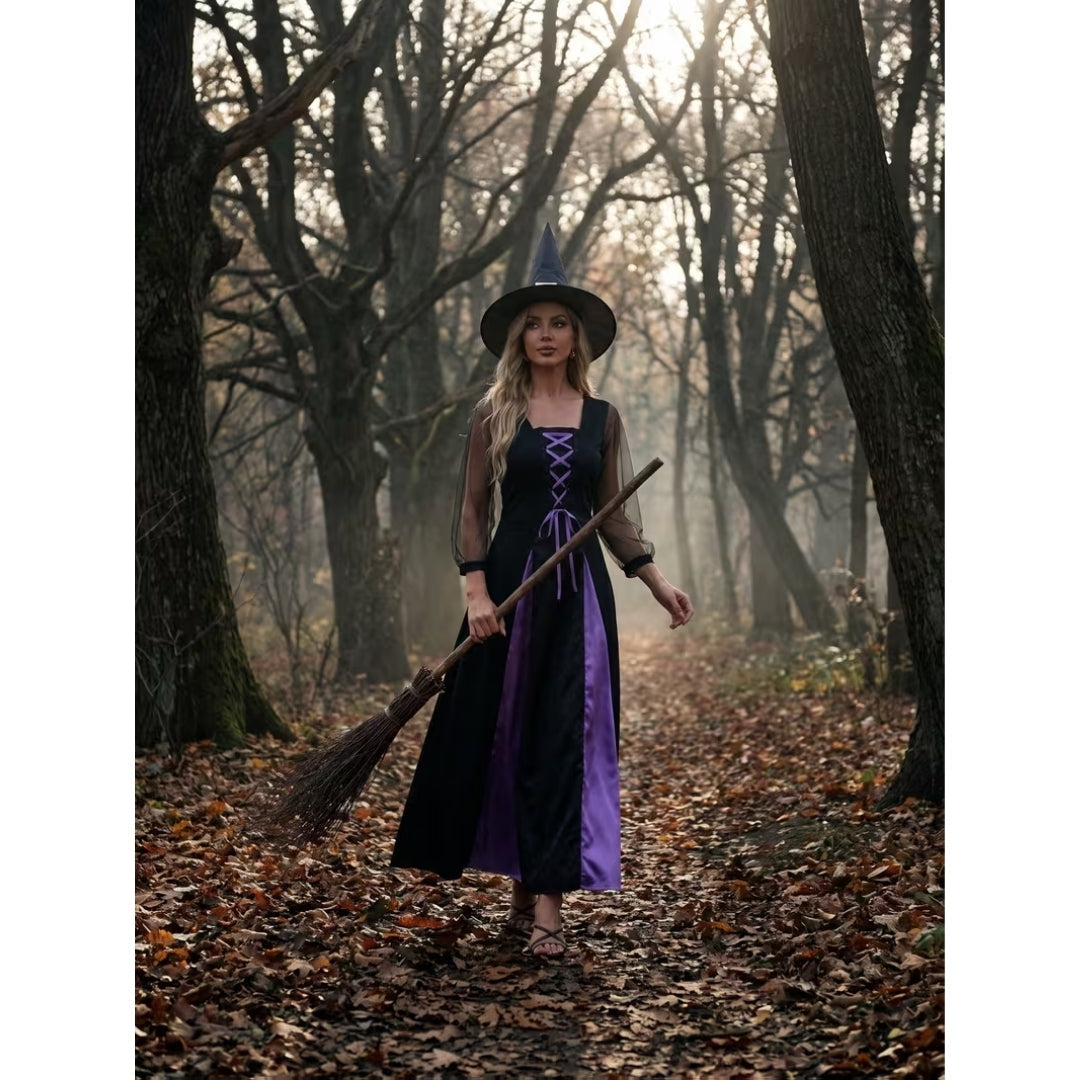 Middeleeuwse Heksenjurk met Punthoed – Fantasy Verkleedkostuum voor Dames Halloween Themafeest Carnaval | Sansoti