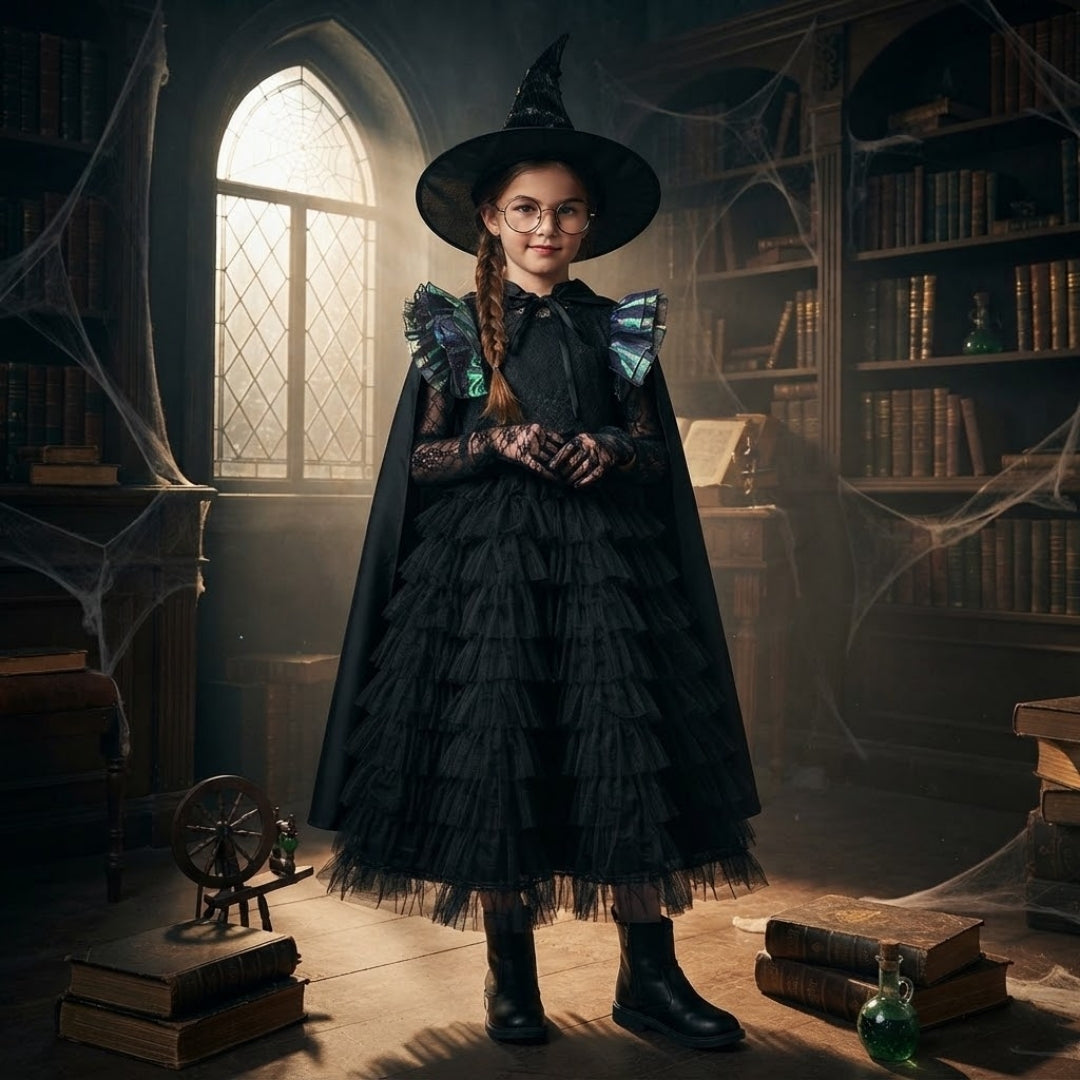 Fantasie Heksenkostuum met Tovenaarshoed voor Kinderen Verkleedfeest Halloween Theaterkostuum Carnaval | Sansoti