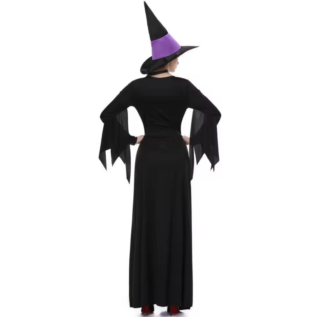 Gothic Heksenjurk met Hoed Zwart Paars Lange Mouwen Halloween Carnaval Cosplay Feest Kostuum Verkleedkleding | Sansoti