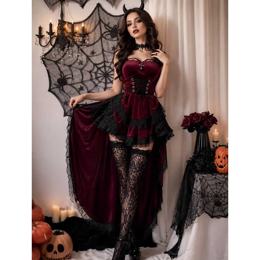 Gothic Duivelkostuum Dames Bordeauxrood Zwart Kant Gelaagd Halloween Carnaval Cosplay Feest Verkleedkleding | Sansoti