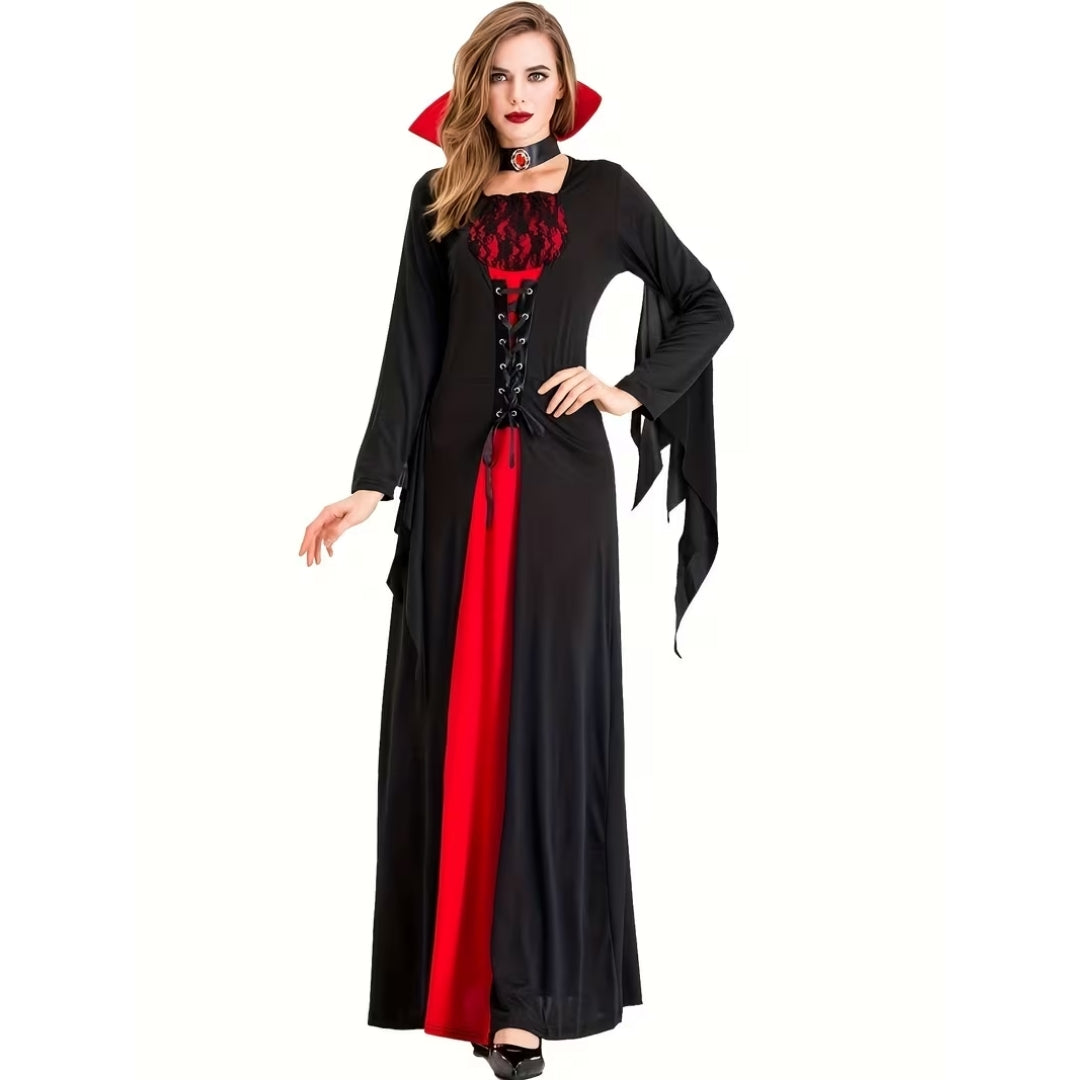 Gothic Vampire Dress with High Collar and Lace-Up Details, Long Ceremonial Costume, Halloween Women's Fancy Dress | Sansoti