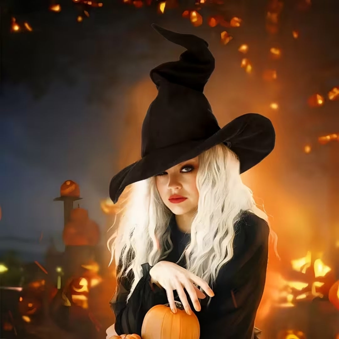 Pointed Witch Hat Canvas Black Wide Brim Halloween Carnival Cosplay Fancy Dress Accessory Party Costume | Sansoti
