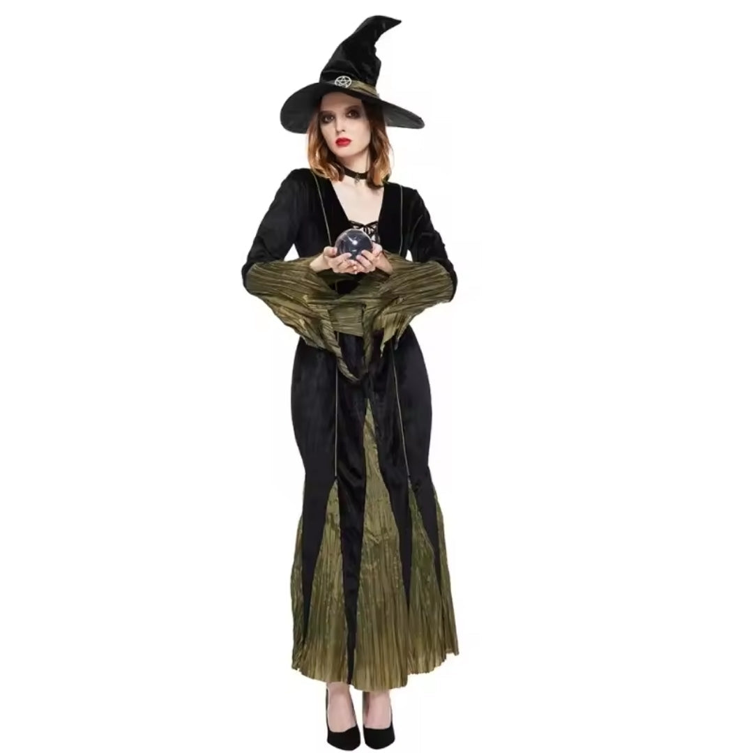Hexenkostüm für Damen mit schwarzem Kleid und Spitzhut - komplettes Kostüm für Halloween und Karneval | Sansoti