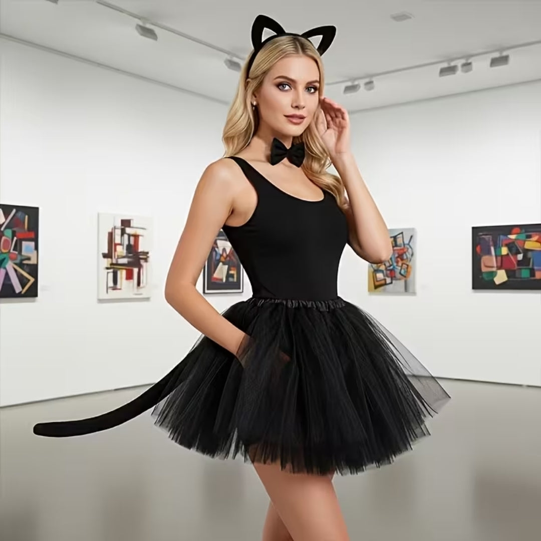 Kattenverkleedset Dames 4-delig met Tutu Oren Staart Strikje voor Halloween Feest Cosplay Themafeest Zwart | Sansoti