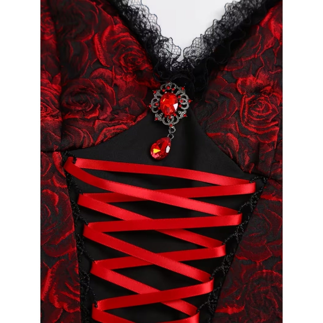 Gothic Vampierjurk met Rozenprint Corsetdetail Kanten Mouwen voor Halloween Cosplay Feest Carnaval Dames | Sansoti