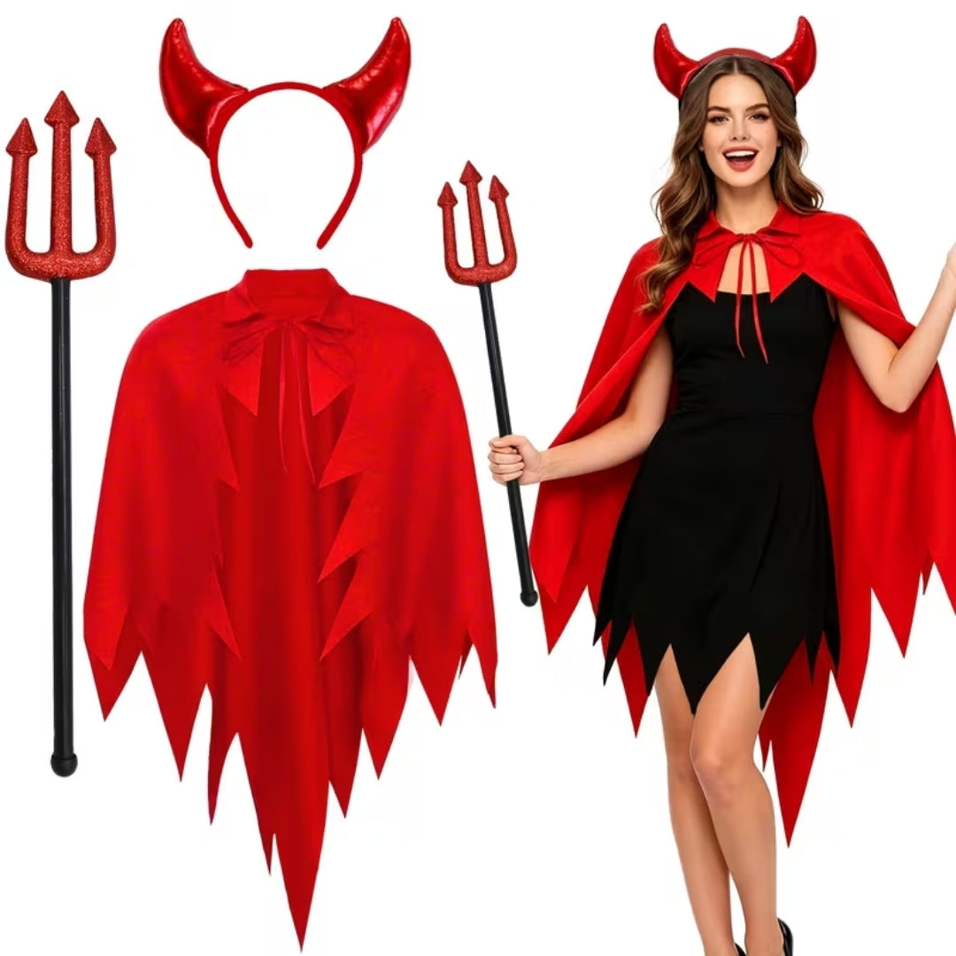 Dreiteiliges Damen-Teufelskostüm mit Umhang, Hörnern und Dreizack - Halloween-Karneval-Verkleidungsset für Partys und Rollenspiele | Sansoti