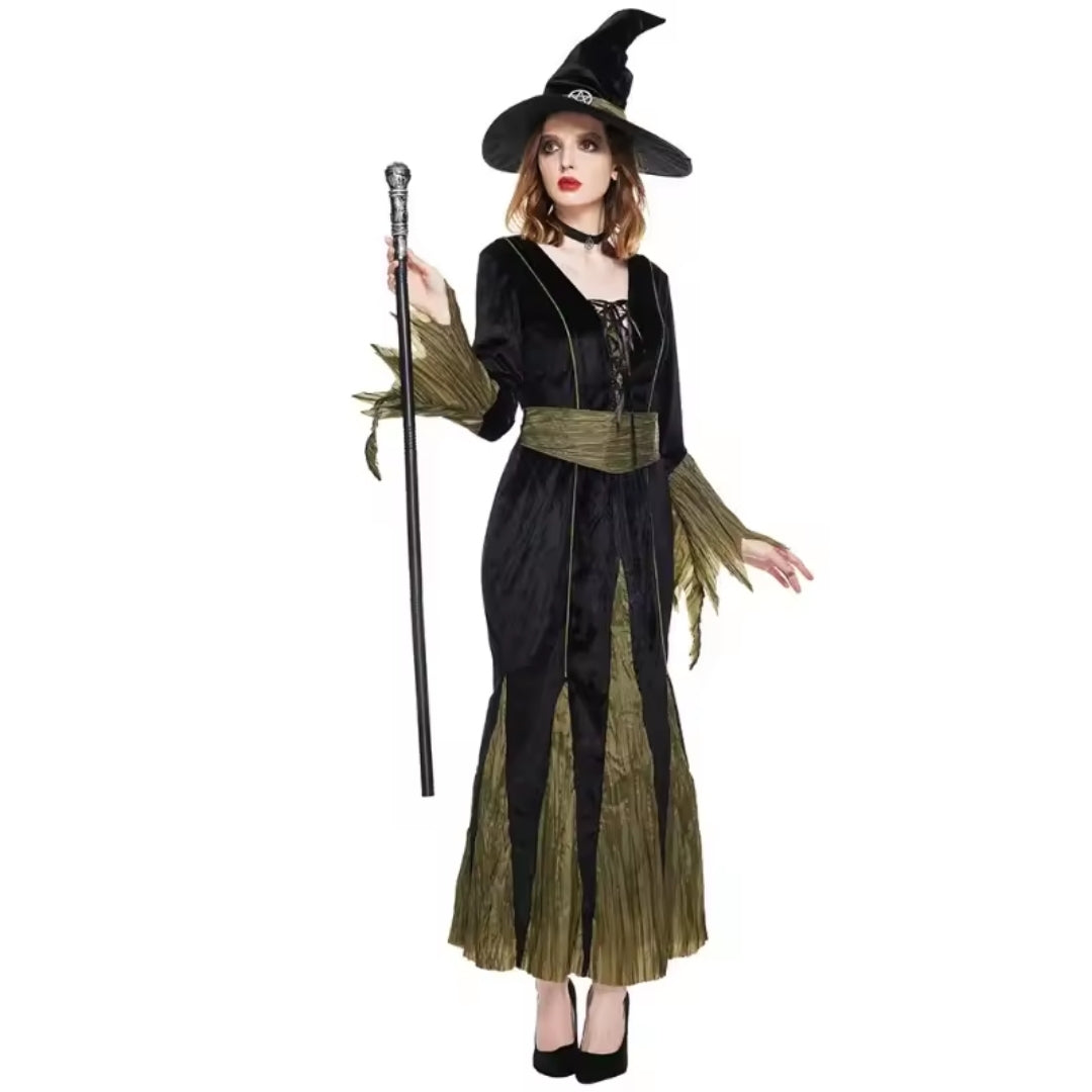 Hexenkostüm für Damen mit schwarzem Kleid und Spitzhut - komplettes Kostüm für Halloween und Karneval | Sansoti
