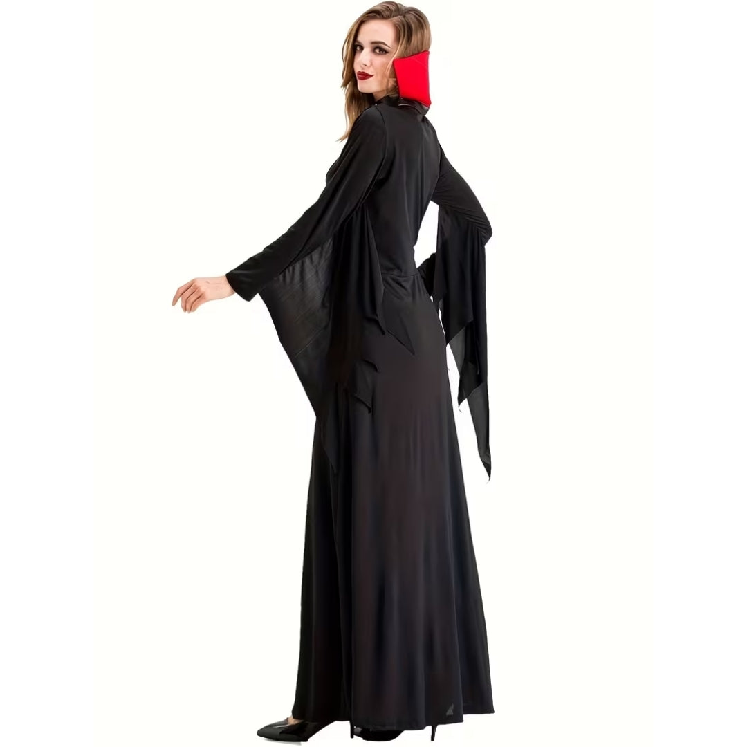 Gothic Vampire Dress with High Collar and Lace-Up Details, Long Ceremonial Costume, Halloween Women's Fancy Dress | Sansoti