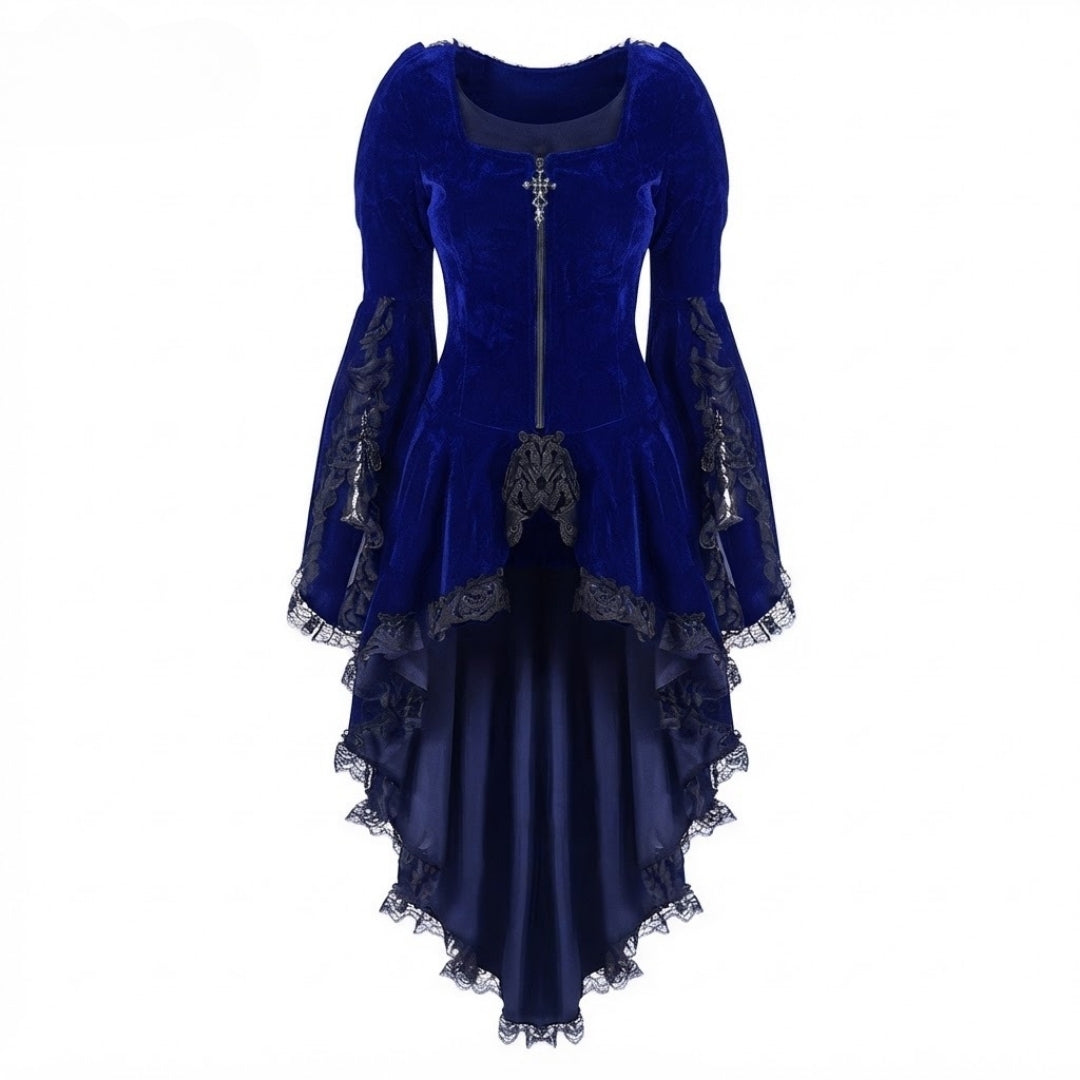 Robe de sorcière gothique en velours avec dentelle, asymétrique, à longues manches papillon, costume de cosplay pour Halloween et les fêtes | Sansoti
