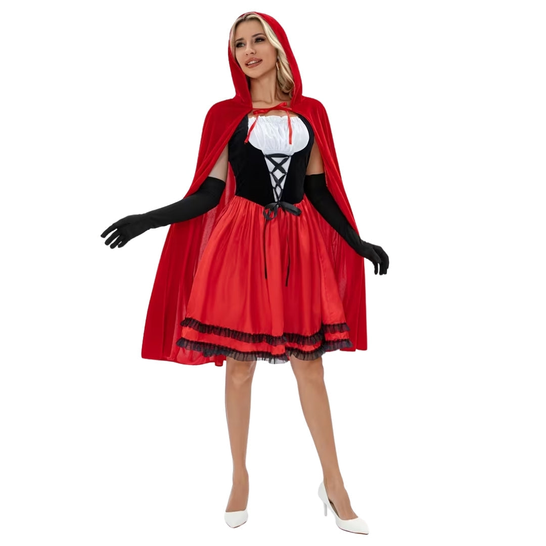 Sprookjeskostuum Dames Driedelig Set met Cape en Handschoenen Rood Feestkleding Carnaval Verkleedoutfit | Sansoti