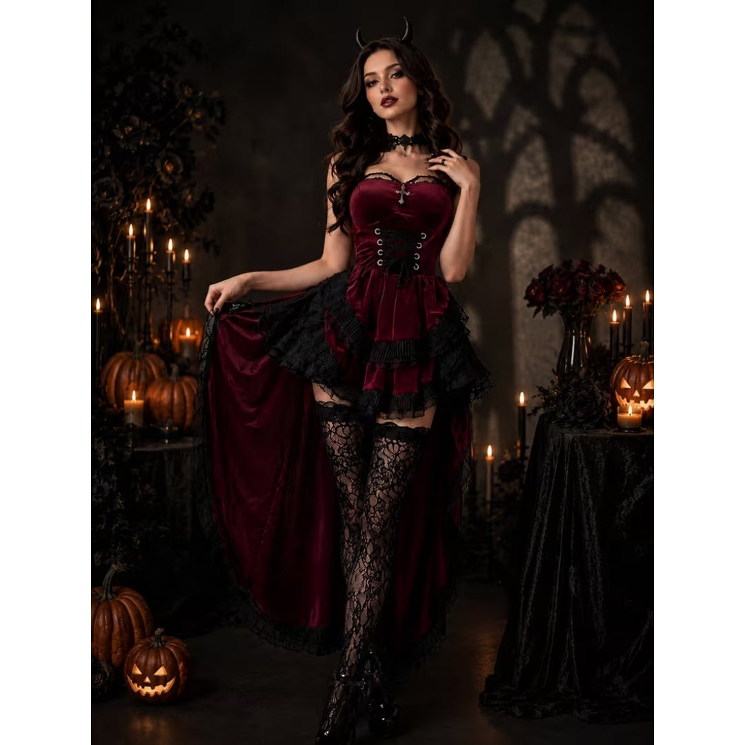Gothic Duivelkostuum Dames Bordeauxrood Zwart Kant Gelaagd Halloween Carnaval Cosplay Feest Verkleedkleding | Sansoti