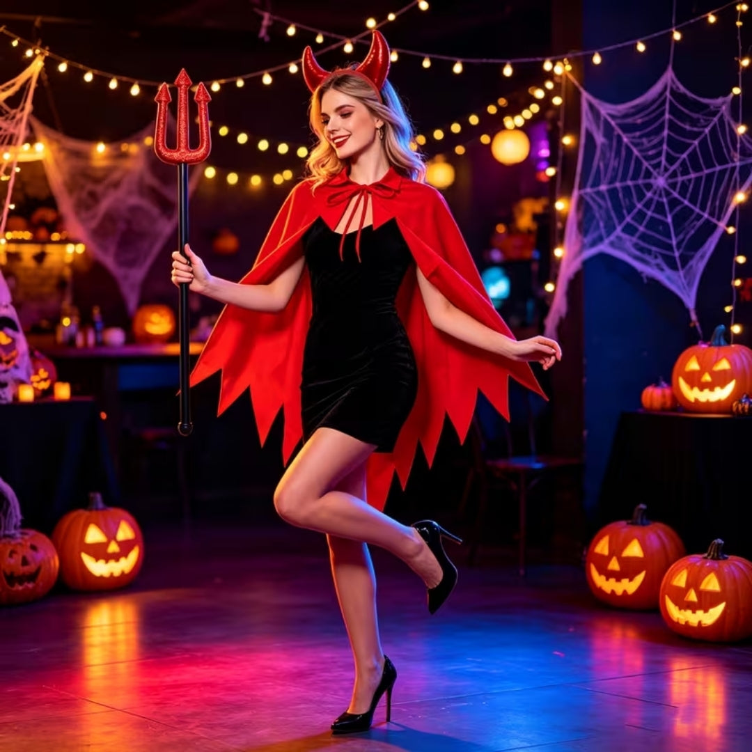 Dreiteiliges Damen-Teufelskostüm mit Umhang, Hörnern und Dreizack - Halloween-Karneval-Verkleidungsset für Partys und Rollenspiele | Sansoti