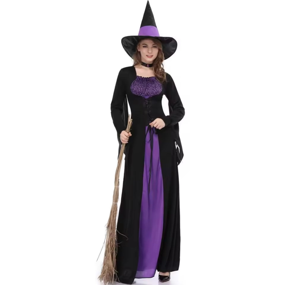 Gothic Heksenjurk met Hoed Zwart Paars Lange Mouwen Halloween Carnaval Cosplay Feest Kostuum Verkleedkleding | Sansoti