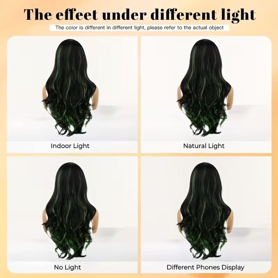 Lange Golvende Pruik Dames met Groene Highlights voor Cosplay Halloween Carnaval Feest Verkleedpartij 61 cm | Sansoti