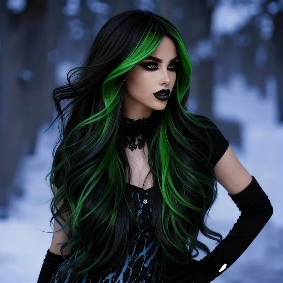 Lange Golvende Pruik Dames met Groene Highlights voor Cosplay Halloween Carnaval Feest Verkleedpartij 61 cm | Sansoti