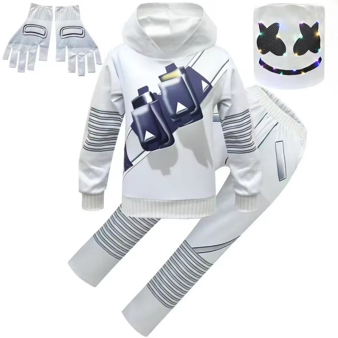 Kostium do gry LED dla dzieci z podświetlaną maską, bluzą z kapturem, spodniami i rękawiczkami na cosplay, Halloween i imprezę | Sansoti