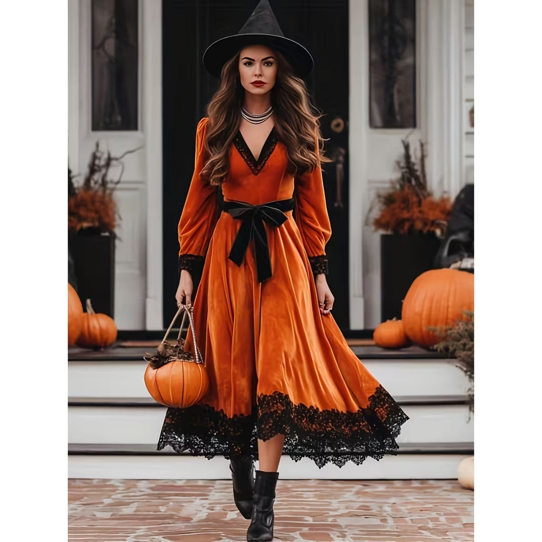 Wampirza sukienka imprezowa Vintage Poliester Dekolt w serek Koronka Pomarańczowy Damski strój przebierańca Impreza tematyczna Halloween Kostium | Sansoti