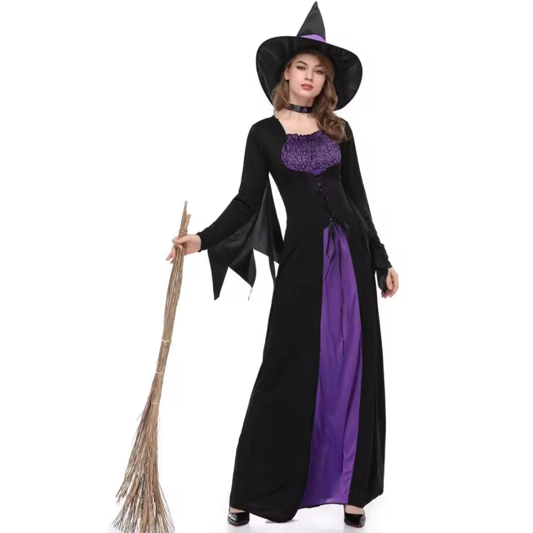 Gothic Heksenjurk met Hoed Zwart Paars Lange Mouwen Halloween Carnaval Cosplay Feest Kostuum Verkleedkleding | Sansoti