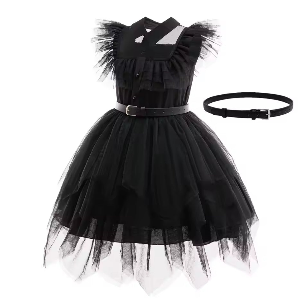 Gothic Halloween Feestjurk voor Kinderen met Pofmouwen Klassieke Kraag Lange Rok Mysterieuze Verkleedkleding | Sansoti