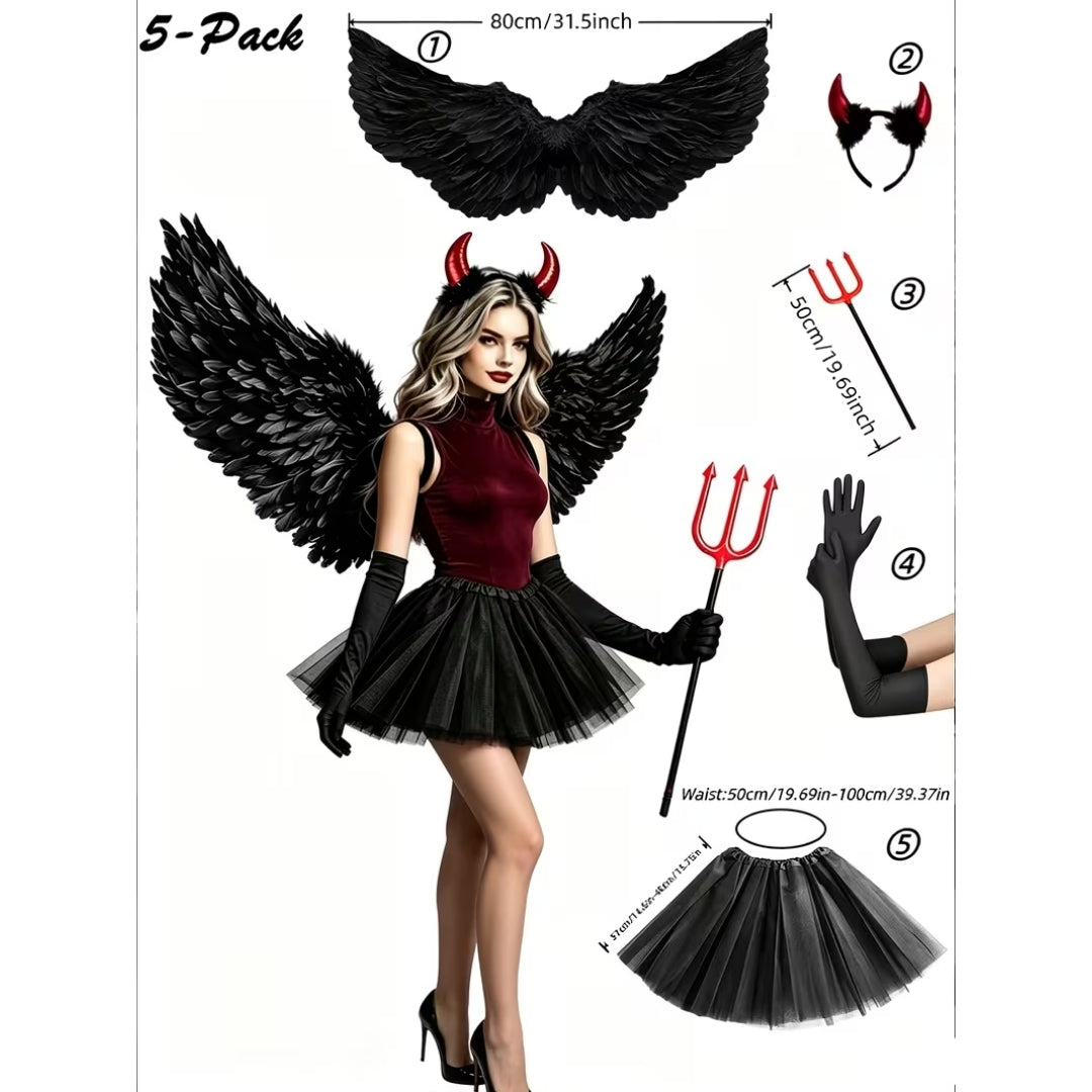 Engelenkostuum Dames 5-Delig met Vleugels Jurk Handschoenen Halo voor Feest Halloween Cosplay Verkleedpartij | Sansoti