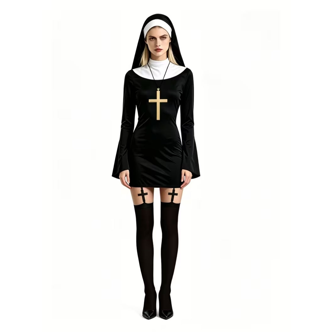 4-Piece Nun Costume Halloween Theme Women's Outfit with Veil Headpiece Accessories Partywear | Sansoti