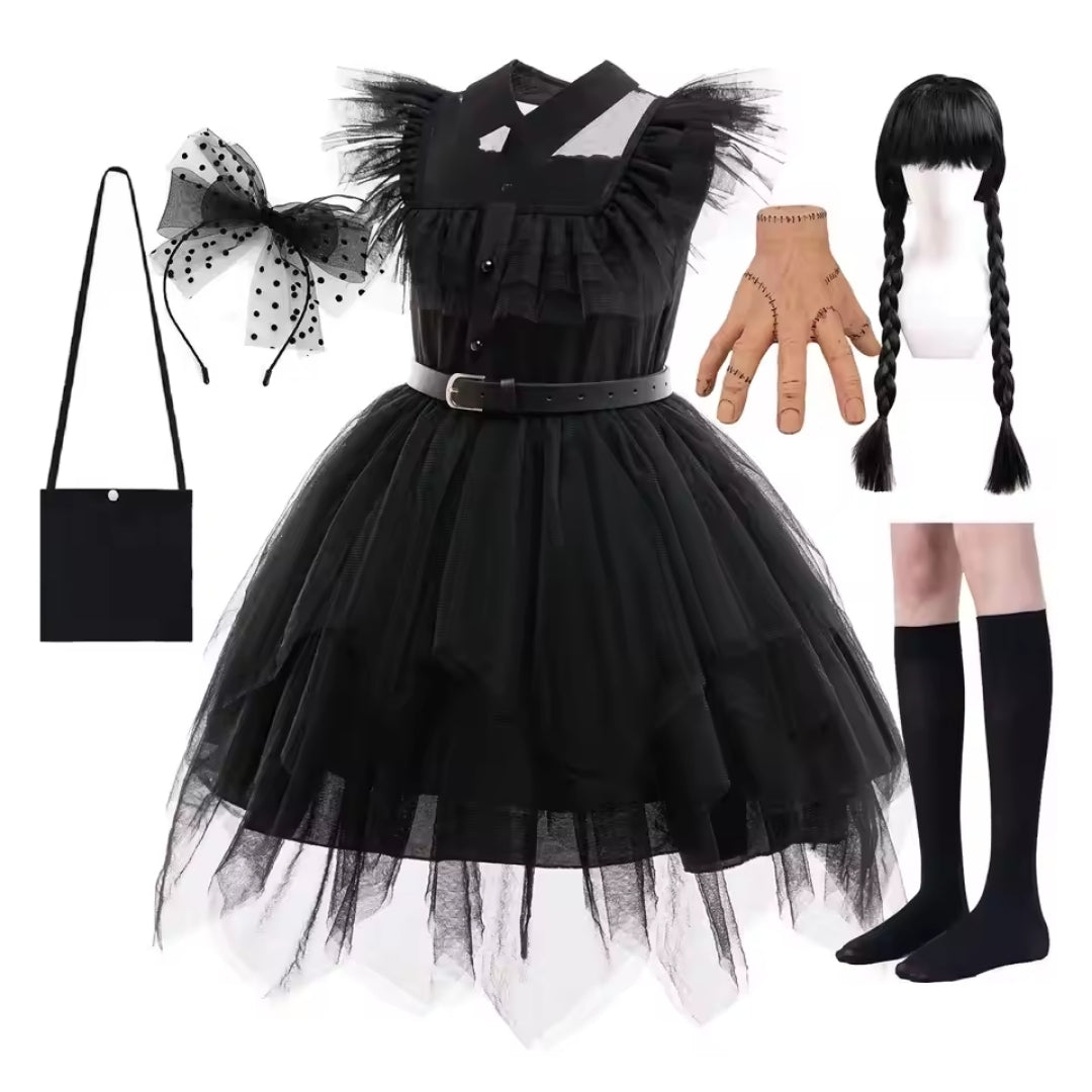 Gothic Halloween Feestjurk voor Kinderen met Pofmouwen Klassieke Kraag Lange Rok Mysterieuze Verkleedkleding | Sansoti