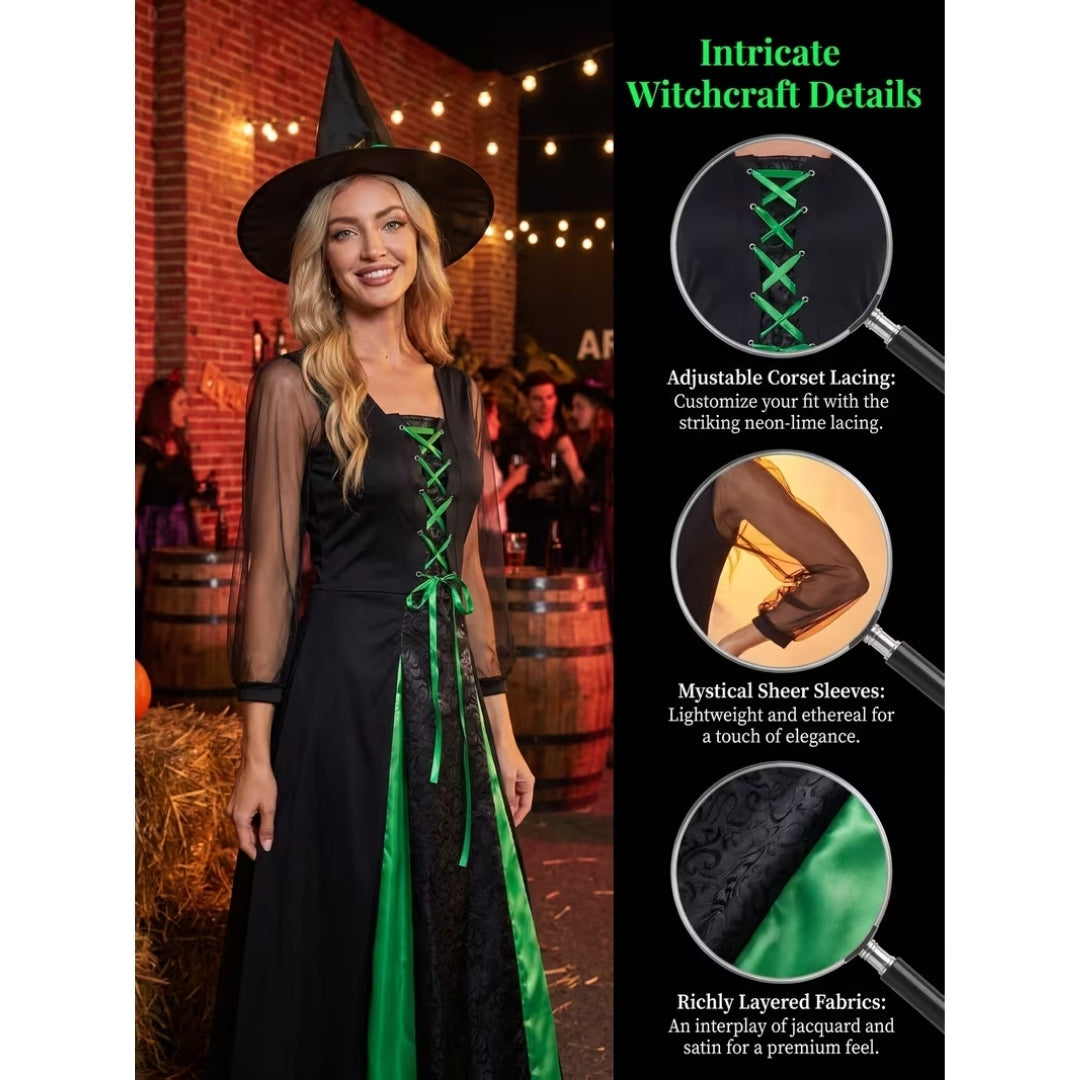 Middeleeuwse Heksenjurk met Punthoed – Fantasy Verkleedkostuum voor Dames Halloween Themafeest Carnaval | Sansoti
