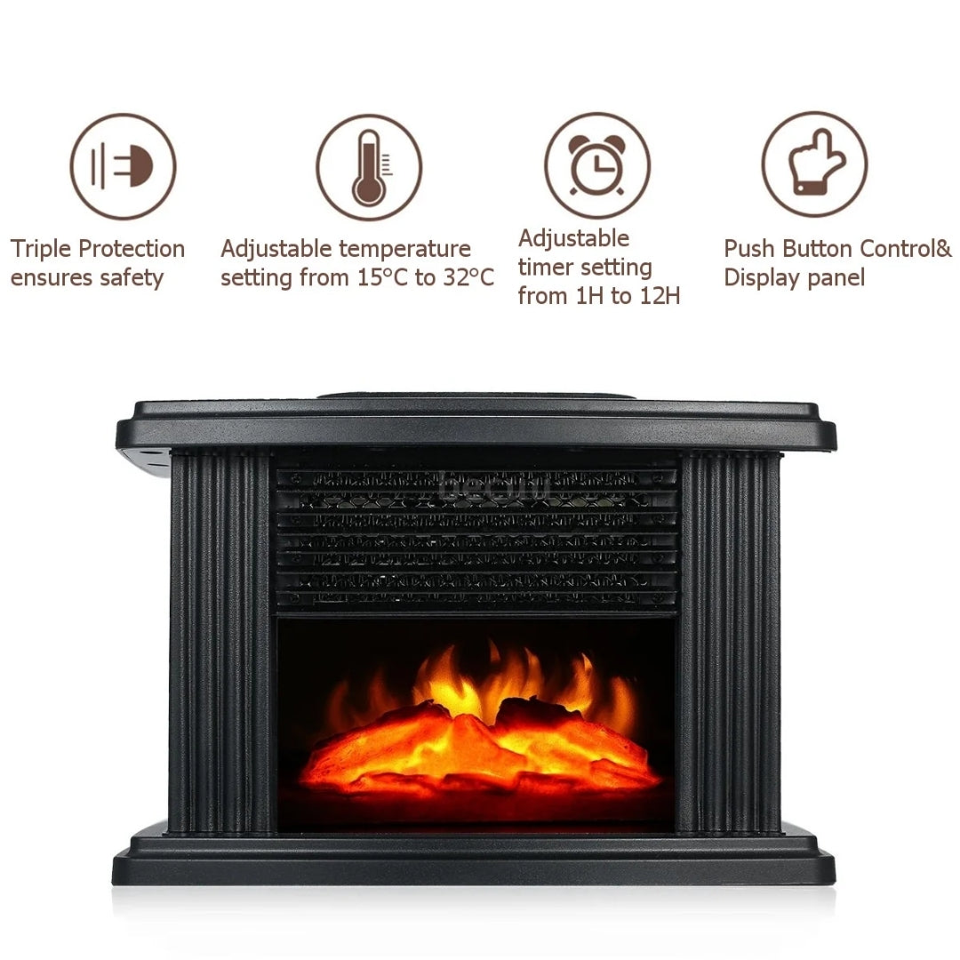Cheminée électrique compacte 1000 W avec effet de flamme, minuterie et affichage, appareil de chauffage noir pour créer une ambiance chaleureuse dans le salon | Sansoti