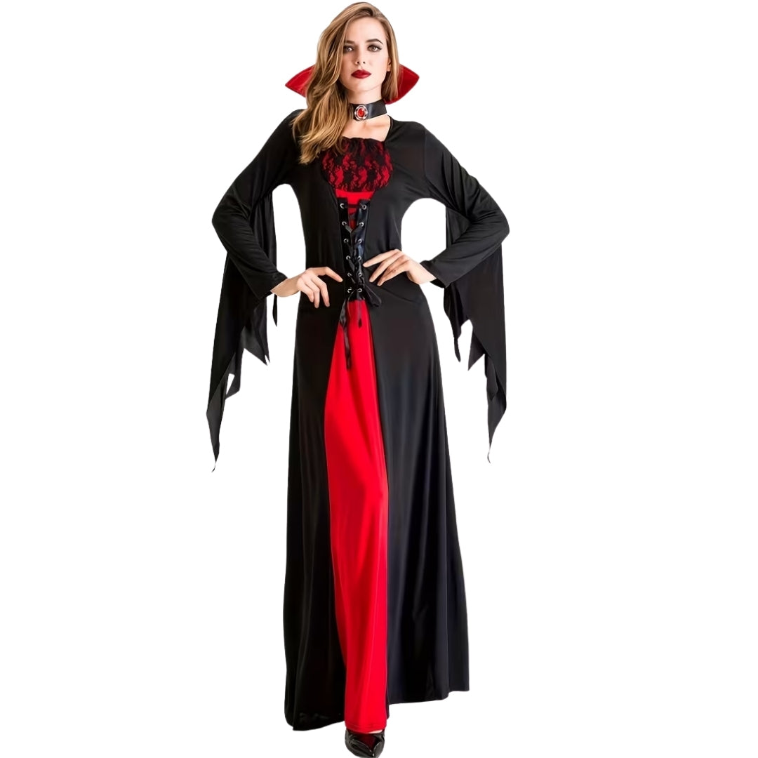 Gothic Vampire Dress with High Collar and Lace-Up Details, Long Ceremonial Costume, Halloween Women's Fancy Dress | Sansoti