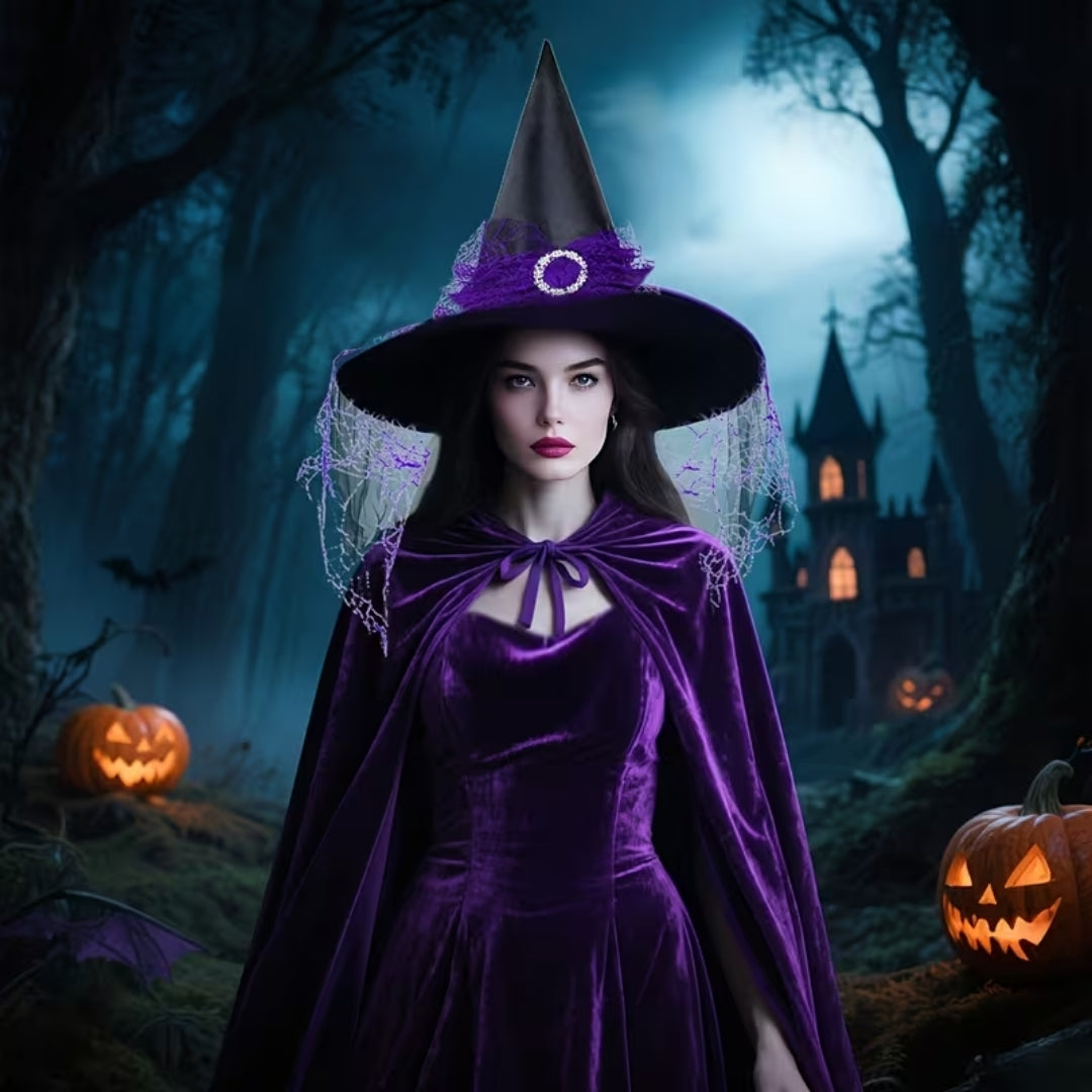 Wizard robe with pointed hat for adults, black and purple, Halloween cosplay fantasy costume complete set | Sansoti