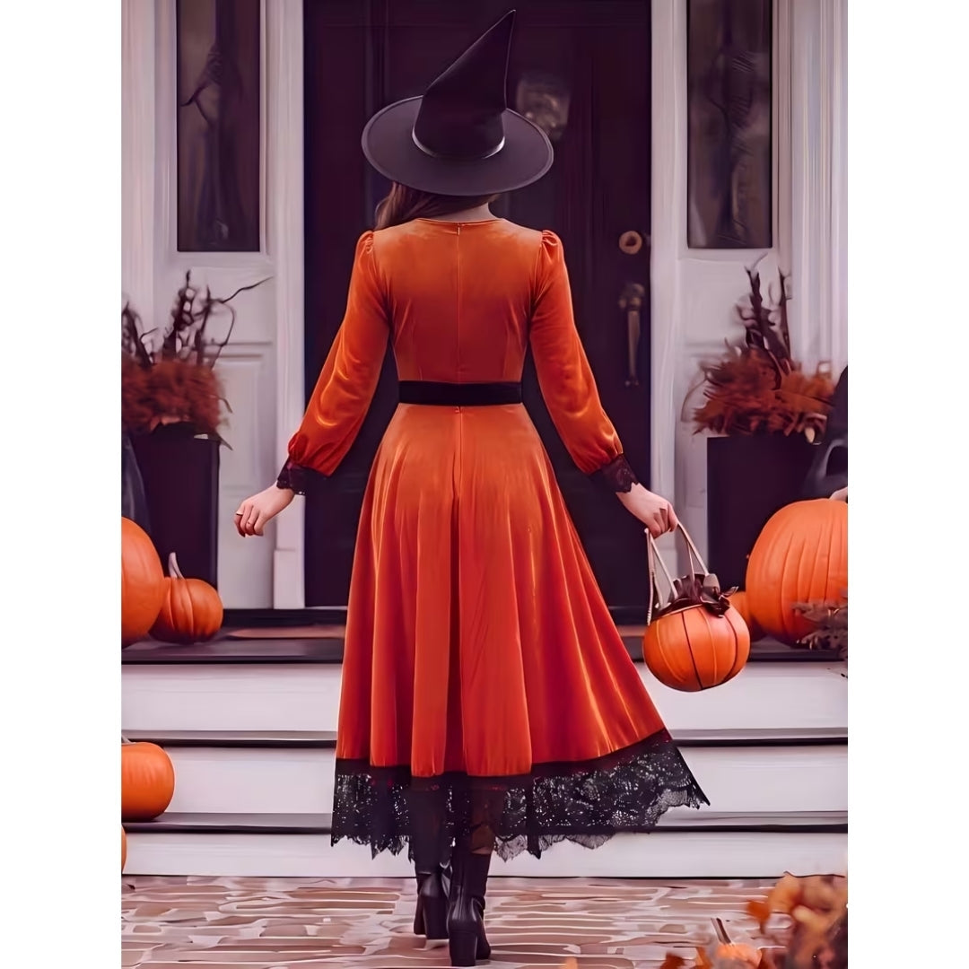 Wampirza sukienka imprezowa Vintage Poliester Dekolt w serek Koronka Pomarańczowy Damski strój przebierańca Impreza tematyczna Halloween Kostium | Sansoti