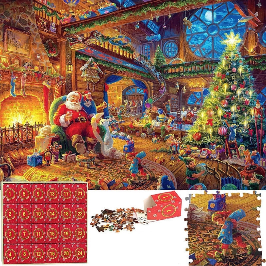 Adventskalender-Puzzle mit 1008 Teilen, Weihnachtswerkstatt, 24 Tage Puzzlespaß inklusive Poster, Weihnachtsmotiv | Sansoti