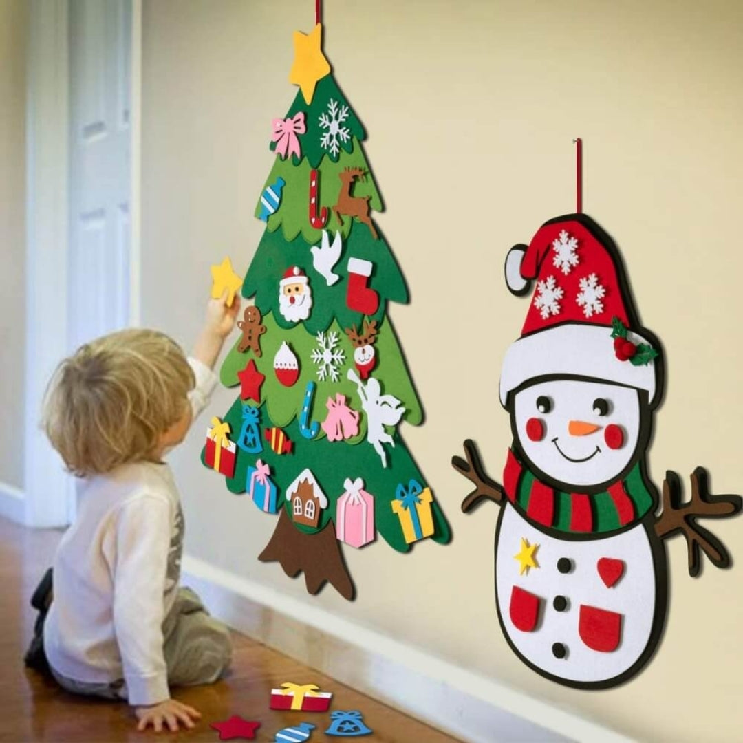 Filz-Weihnachtsbaum-Wandtafel für Kinder 100x35cm mit LED-Beleuchtung und 32 Ornamenten Interaktives Spielzeug | Sansoti