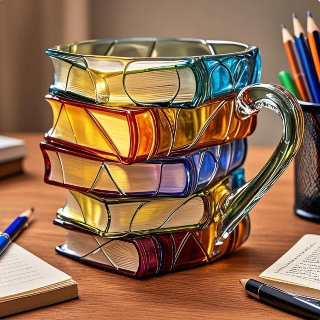 Keramische Beker met 3D Boekendesign Gestapelde Boekruggen Handbeschilderd Literair Cadeau voor Lezers | Sansoti