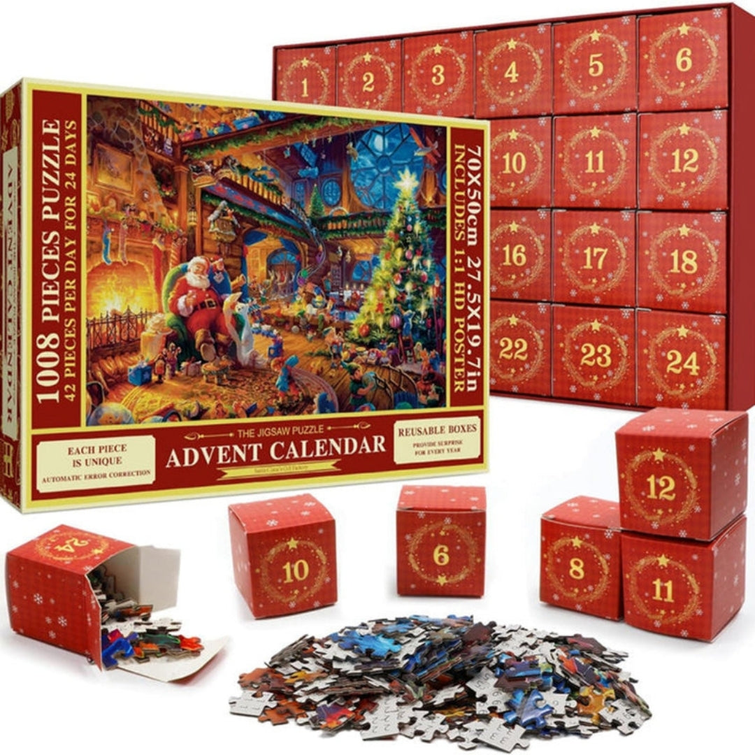 Adventskalender-Puzzle mit 1008 Teilen, Weihnachtswerkstatt, 24 Tage Puzzlespaß inklusive Poster, Weihnachtsmotiv | Sansoti