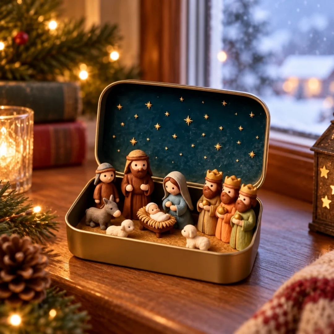 Compacte Kerststal in Bewaardoos Roestvrij Staal Maria Jozef Jezus Kerstdecoratie Traditioneel Feestelijk | Sansoti