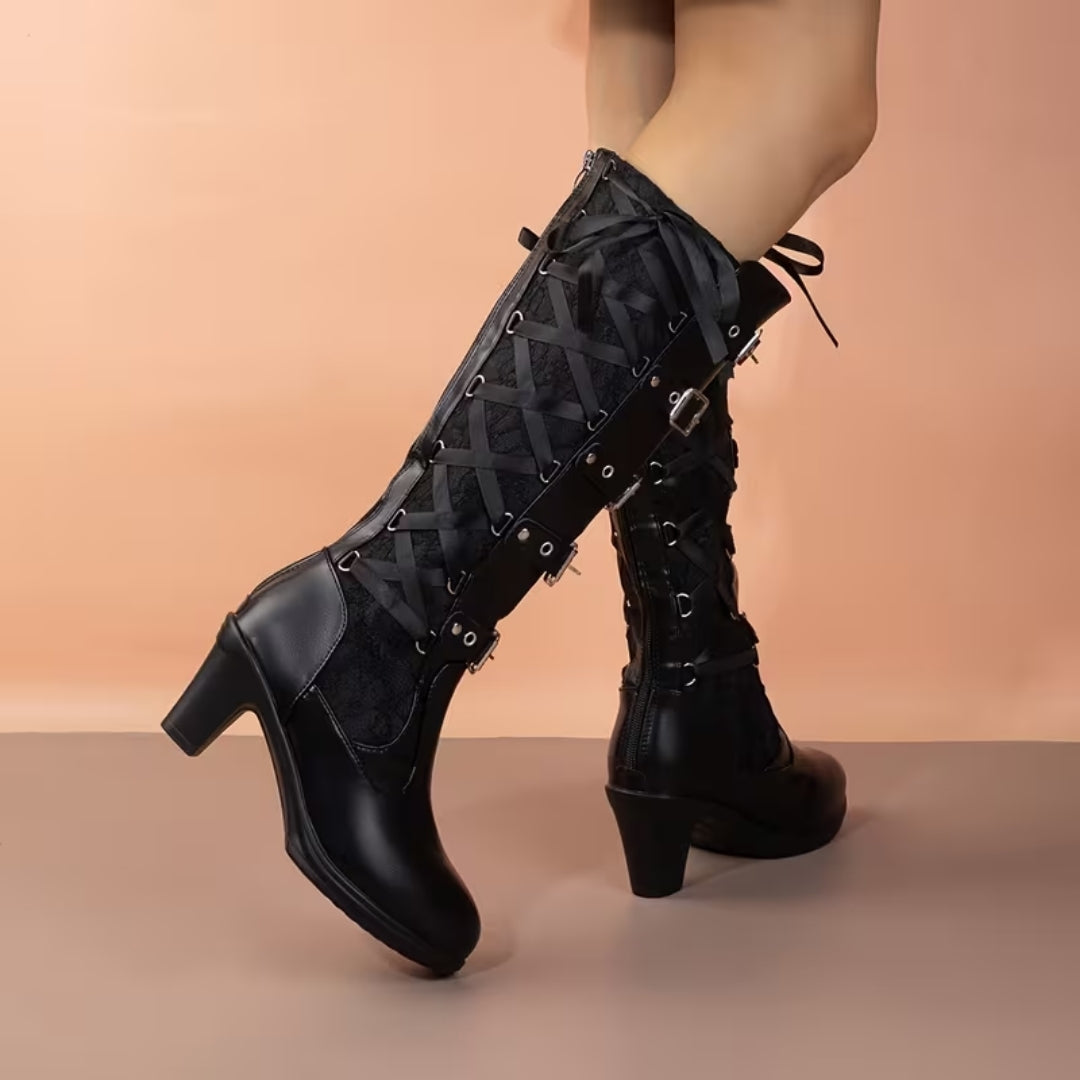Stoere Dameslaarzen met Blokhak en Kantdetails – Gothic Punk Stijl voor Feest Halloween Festival Party | Sansoti