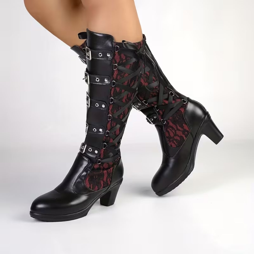 Stoere Dameslaarzen met Blokhak en Kantdetails – Gothic Punk Stijl voor Feest Halloween Festival Party | Sansoti