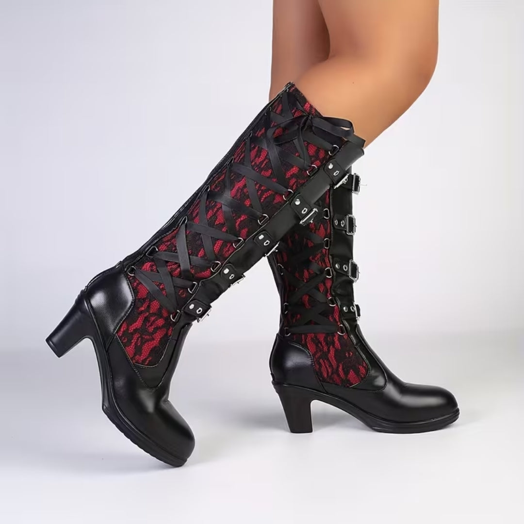 Stoere Dameslaarzen met Blokhak en Kantdetails – Gothic Punk Stijl voor Feest Halloween Festival Party | Sansoti