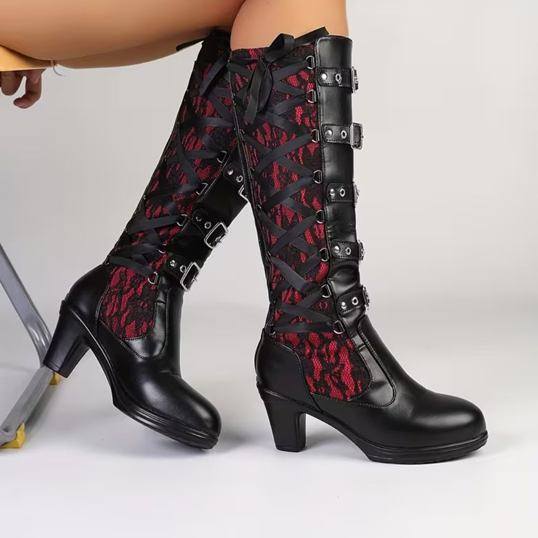 Stoere Dameslaarzen met Blokhak en Kantdetails – Gothic Punk Stijl voor Feest Halloween Festival Party | Sansoti